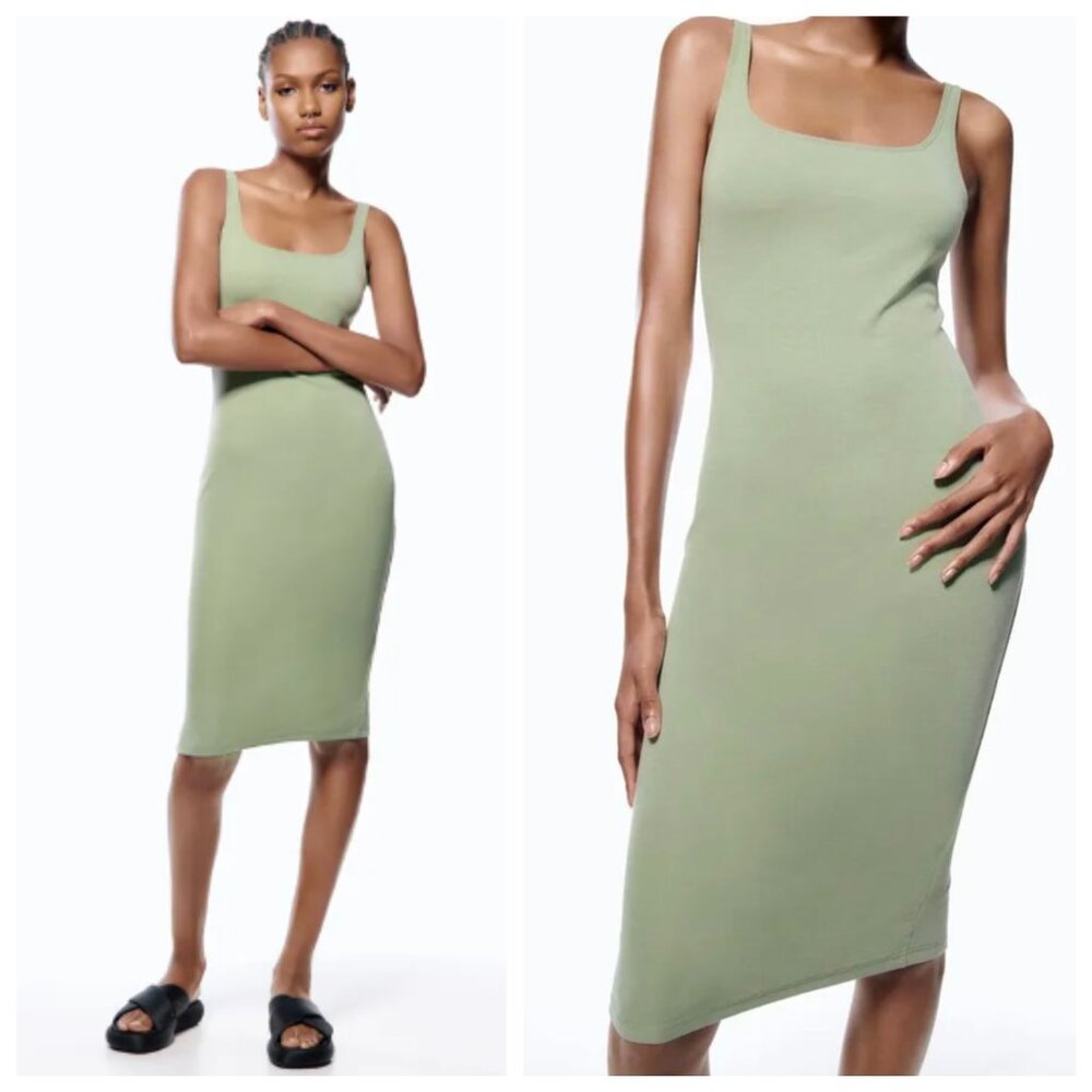 Zara Sage Green Scoop Neck Tank Bodycon Midi Dress